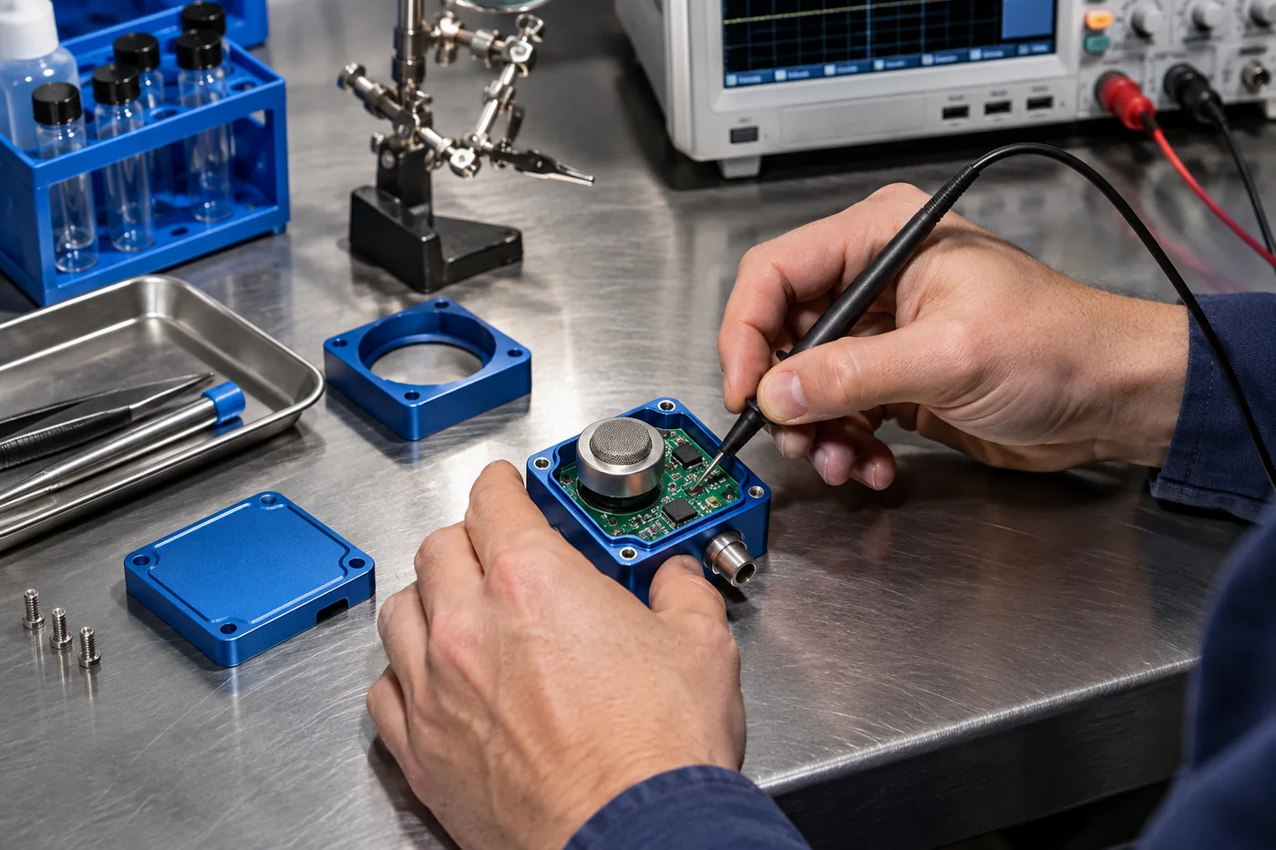 Produktentwicklung im Labor mit einem kompakten elektronischen Prototyp und Messwerkzeugen