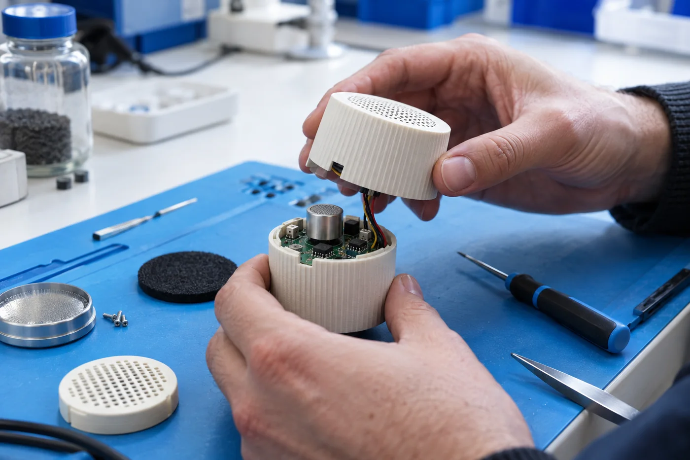Hände prüfen einen kompakten Sensor-Prototyp an einem blauen Labortisch